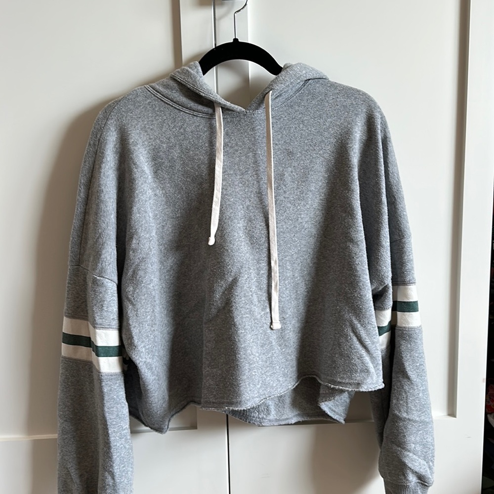 Grey cropped sweatshirt with green/white stripes on the sleeves.